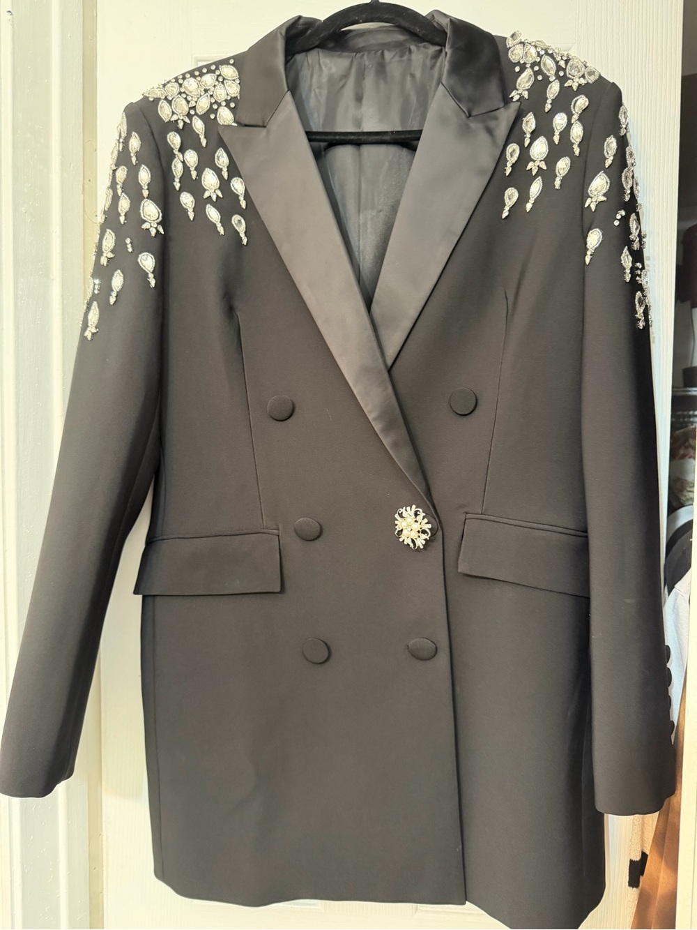 Stunning Black Embellished Rhinestone Blazer Dress Coat-Brooch removable-Size L